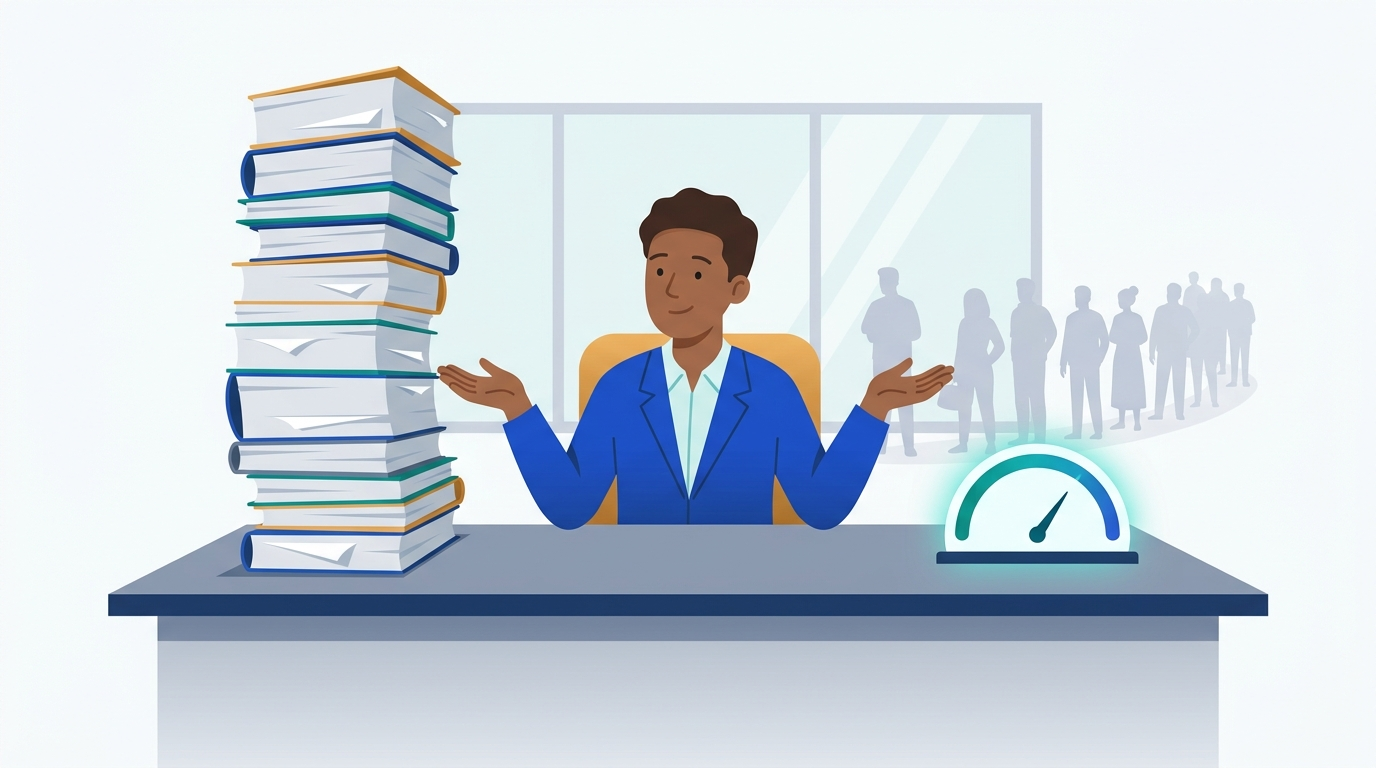A loan officer at a desk faces a towering stack of application folders; beside her sits one small dial that shows the same thing at a glance