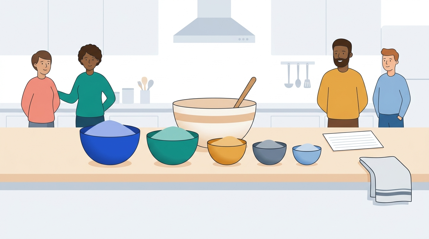 Five measuring bowls of different sizes sit in a row in front of a mixing bowl; the first two are much larger than the other three