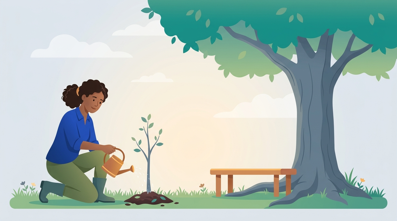 A gardener waters a young sapling beside a tall old tree with a wide canopy and visible roots