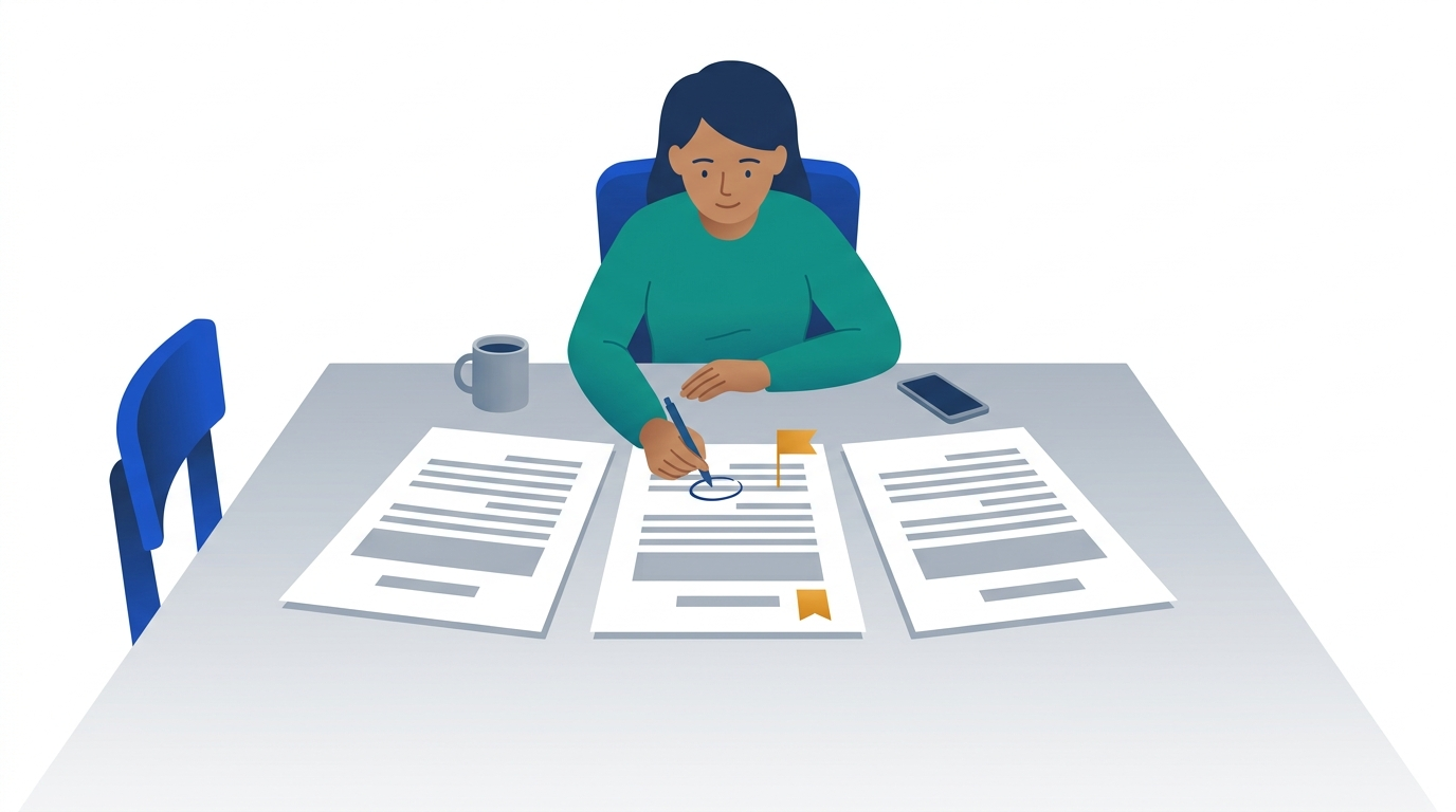 A woman at a kitchen table lays three printed reports side by side and circles one spot on the middle one with a pen