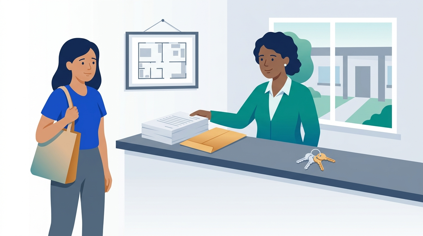 A hopeful young woman at a leasing office counter as the manager slides a thick stack of forms and a fat envelope toward her, the keys still out of reach