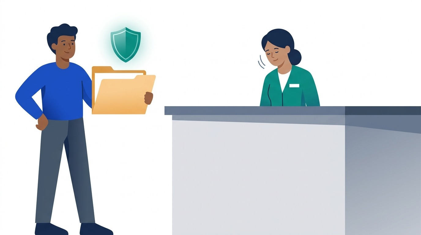 A woman at a kitchen table reads her own credit report while a large shield shape stands behind her