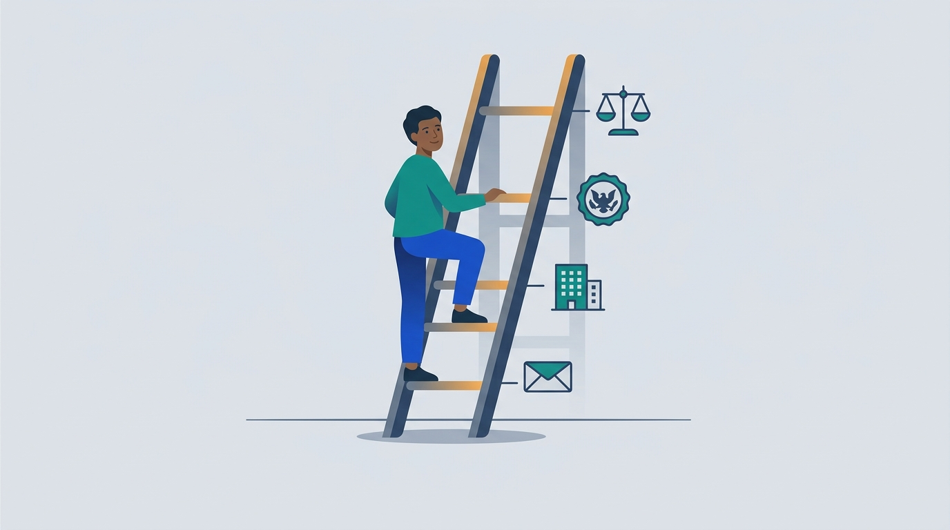 A man climbs a short ladder toward a bright open window, one rung at a time