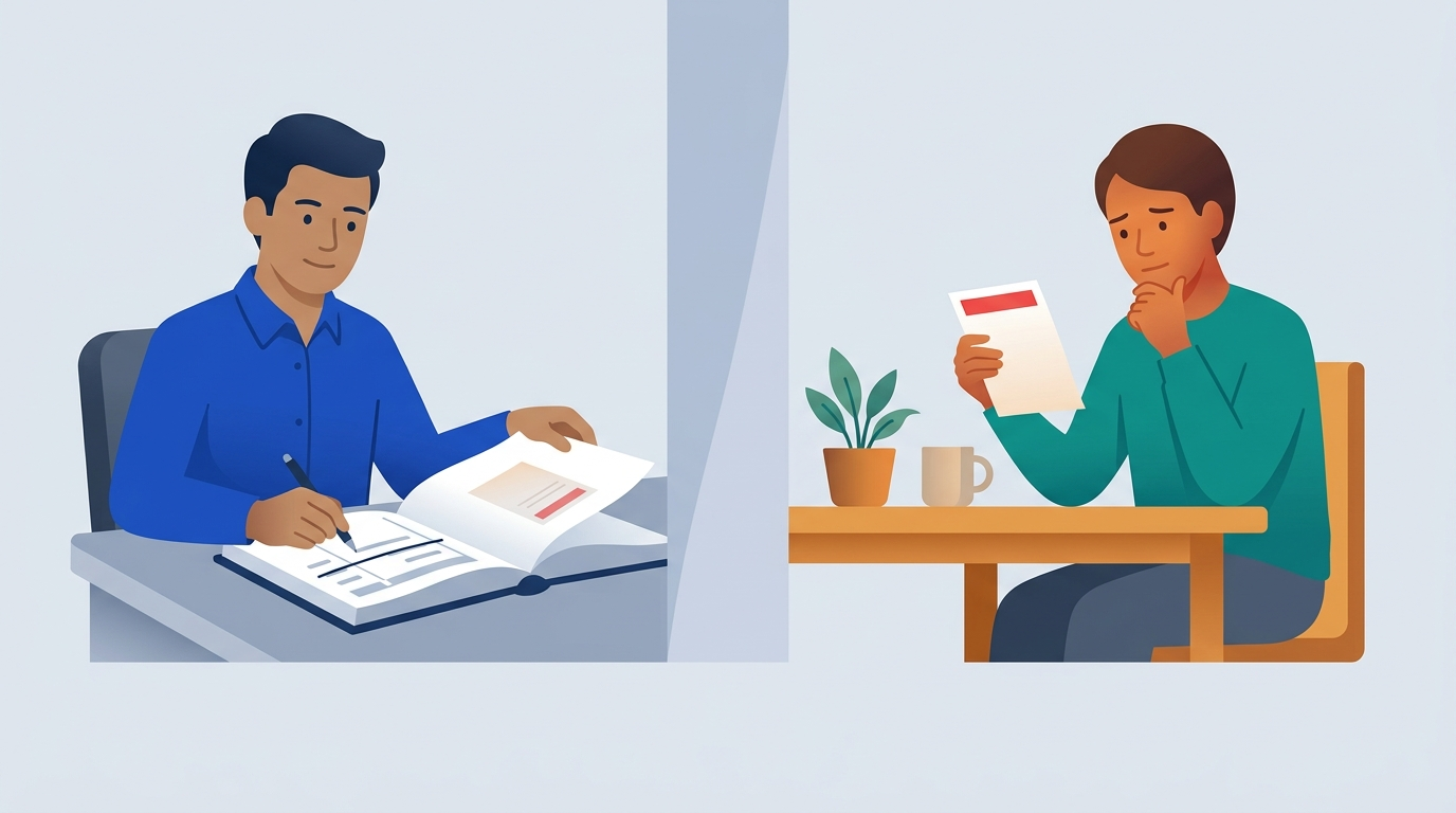 An office worker draws a line through an entry in a ledger while a person at a kitchen table still holds the same bill