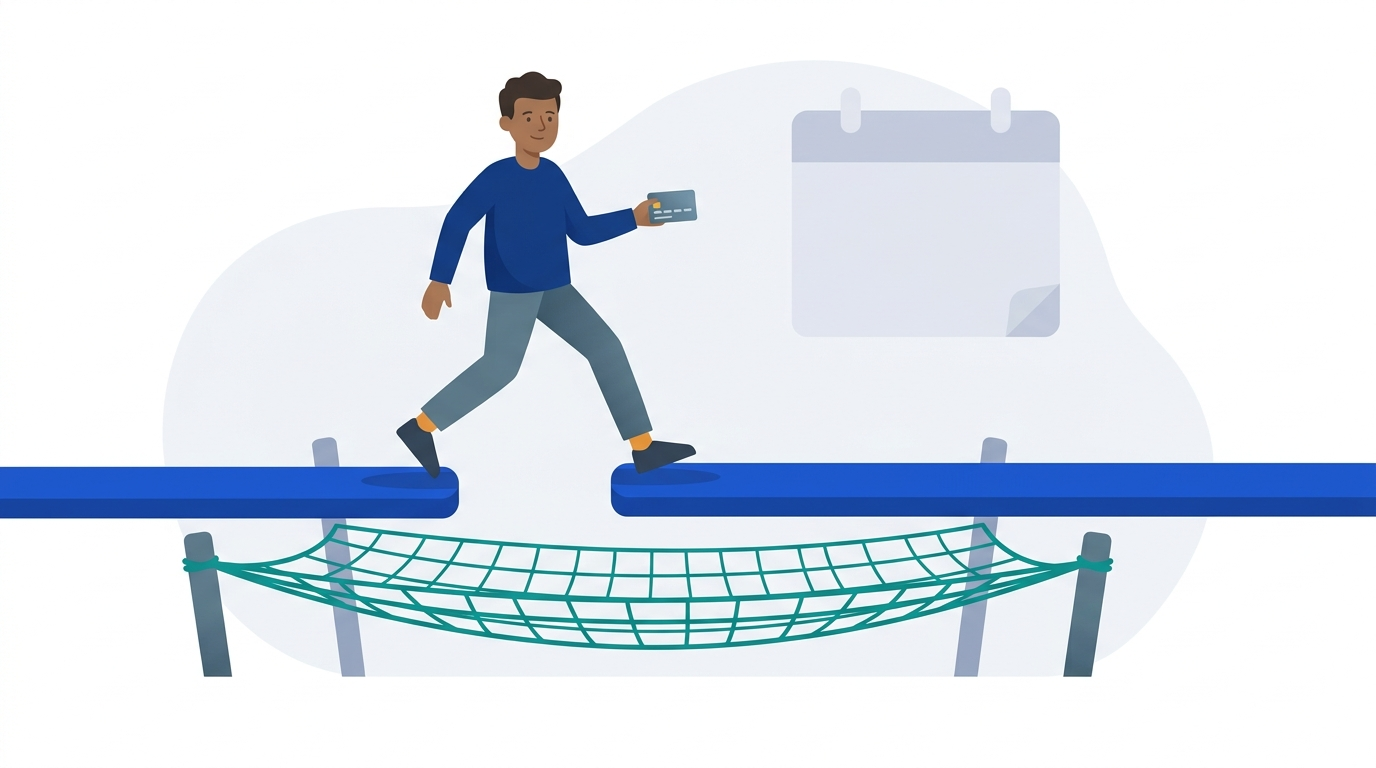 A person steps calmly across a short gap in a raised walkway with a wide teal safety net stretched below