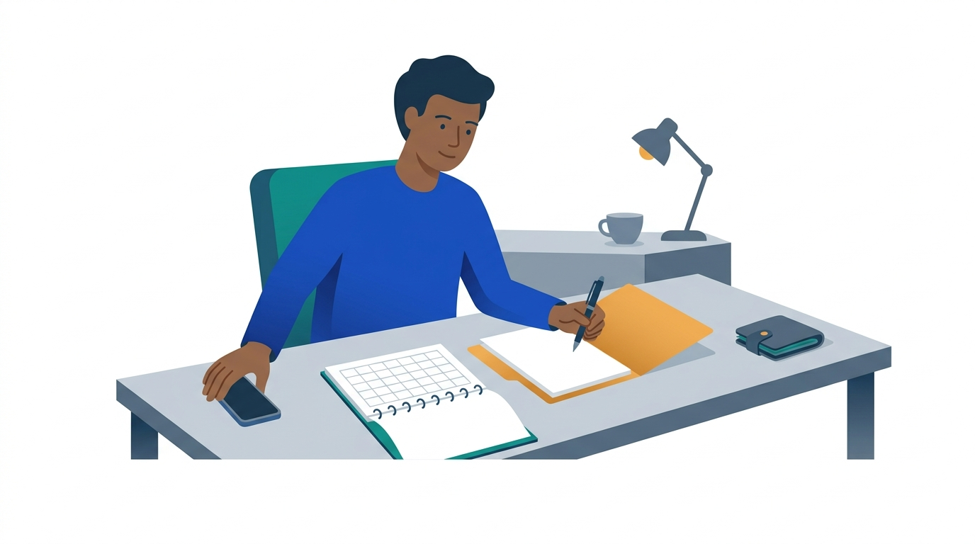A person sets a phone face down and studies a calendar and a folder of papers while a closed wallet sits pushed to the edge of the desk
