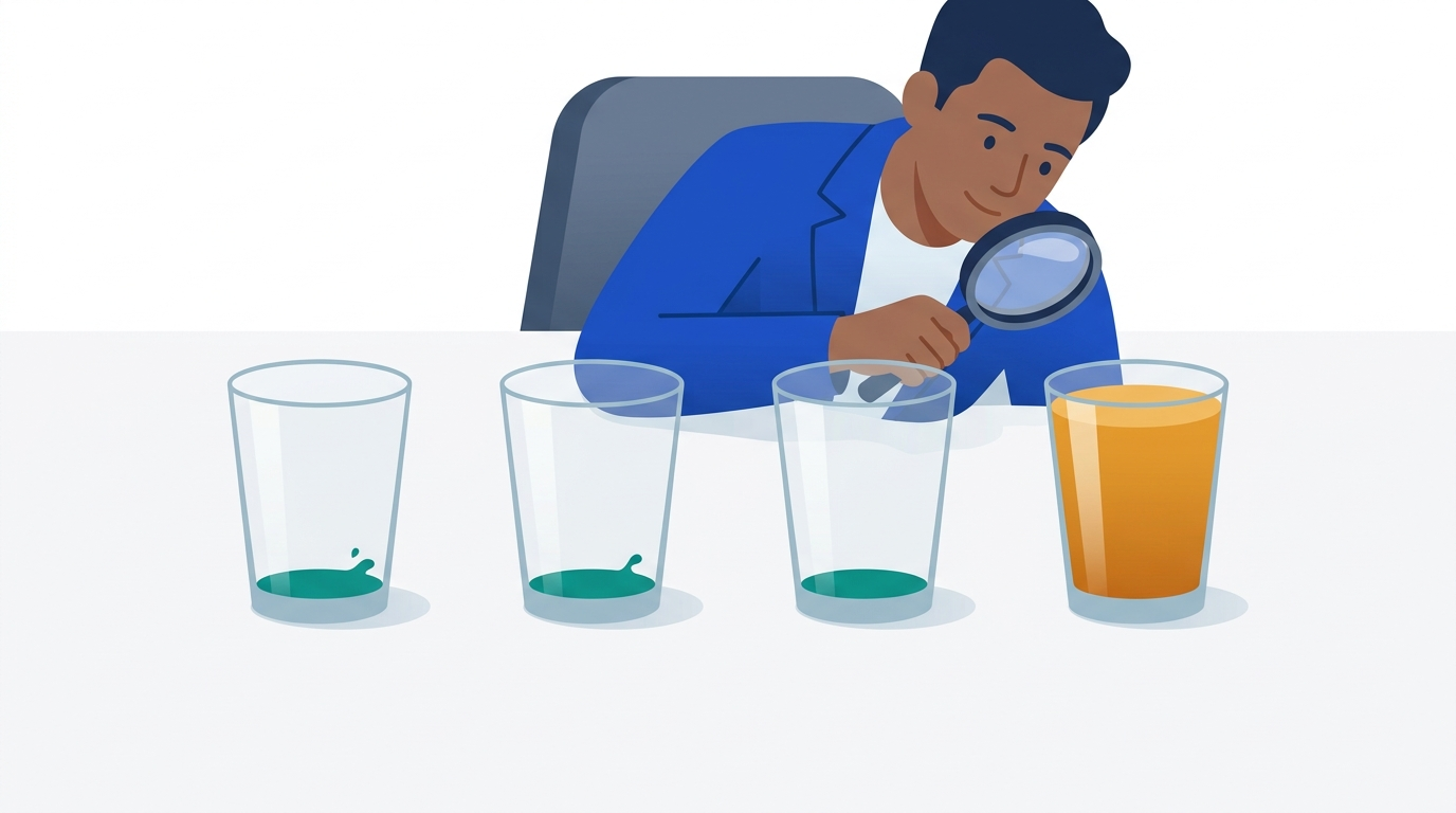 Four identical glasses in a row, three nearly empty and one filled to the brim, with a lender looking only at the full one.
