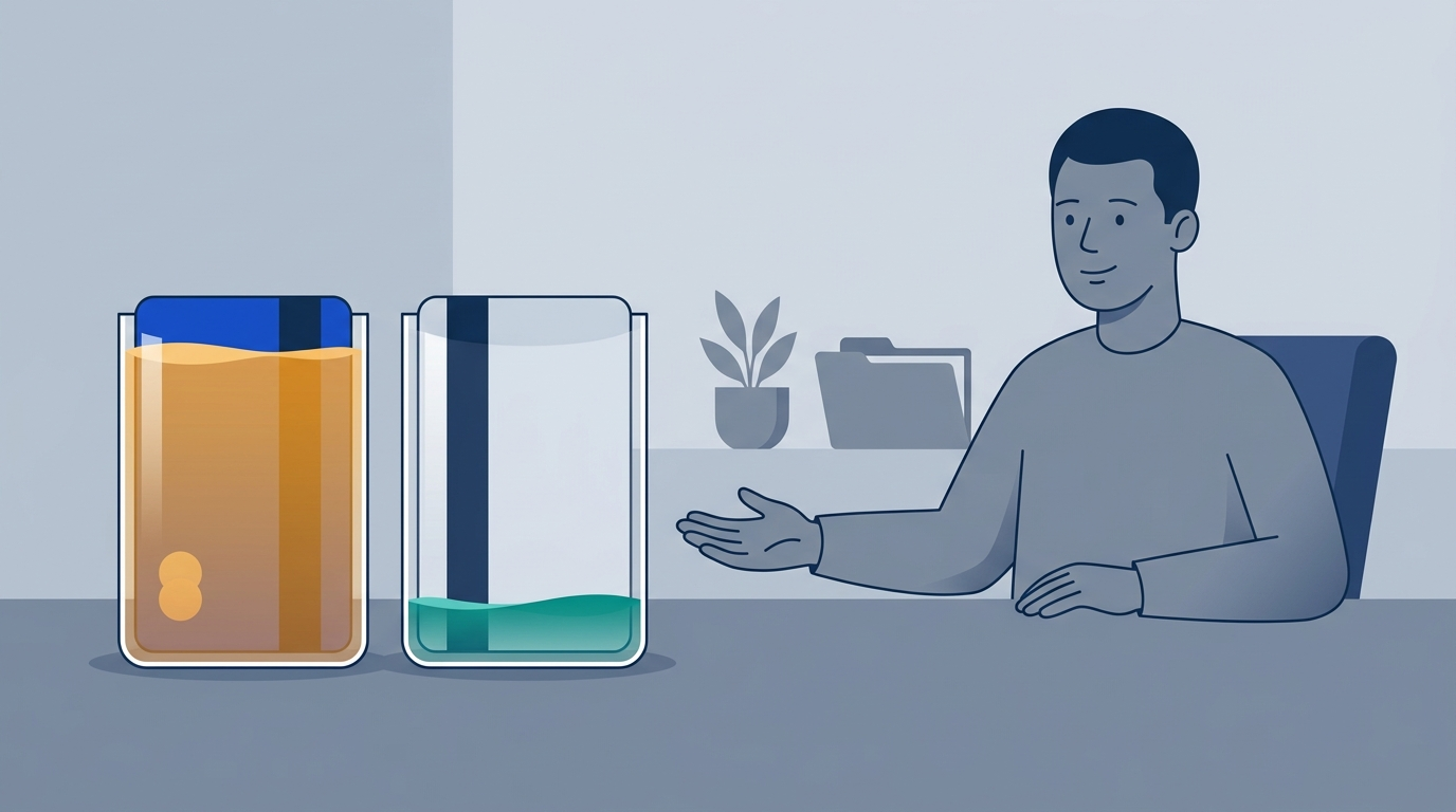 Two credit cards drawn as clear containers on a desk, one filled almost to the top and one barely filled, while a lender looks at them.