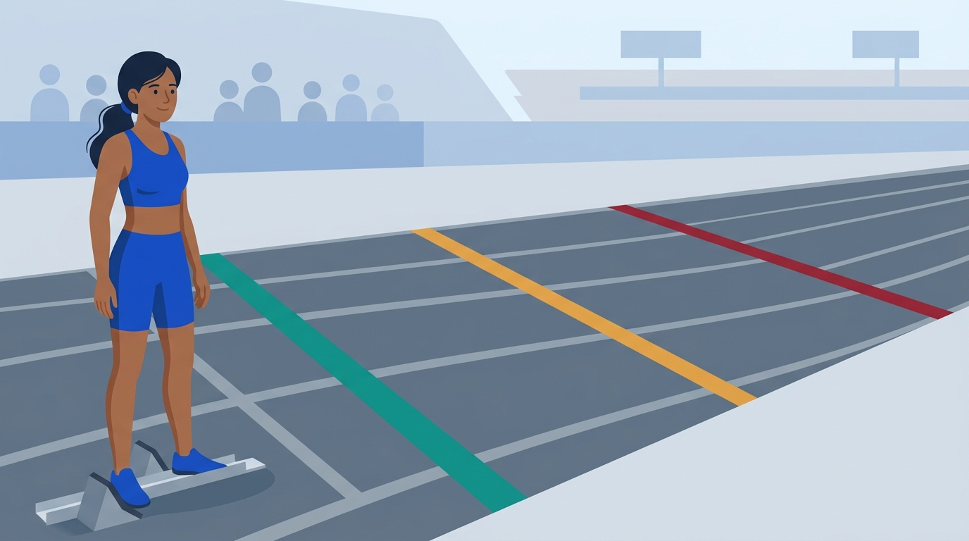 A relaxed runner on a track standing just behind the first of three painted lines ahead, teal, amber, and red.