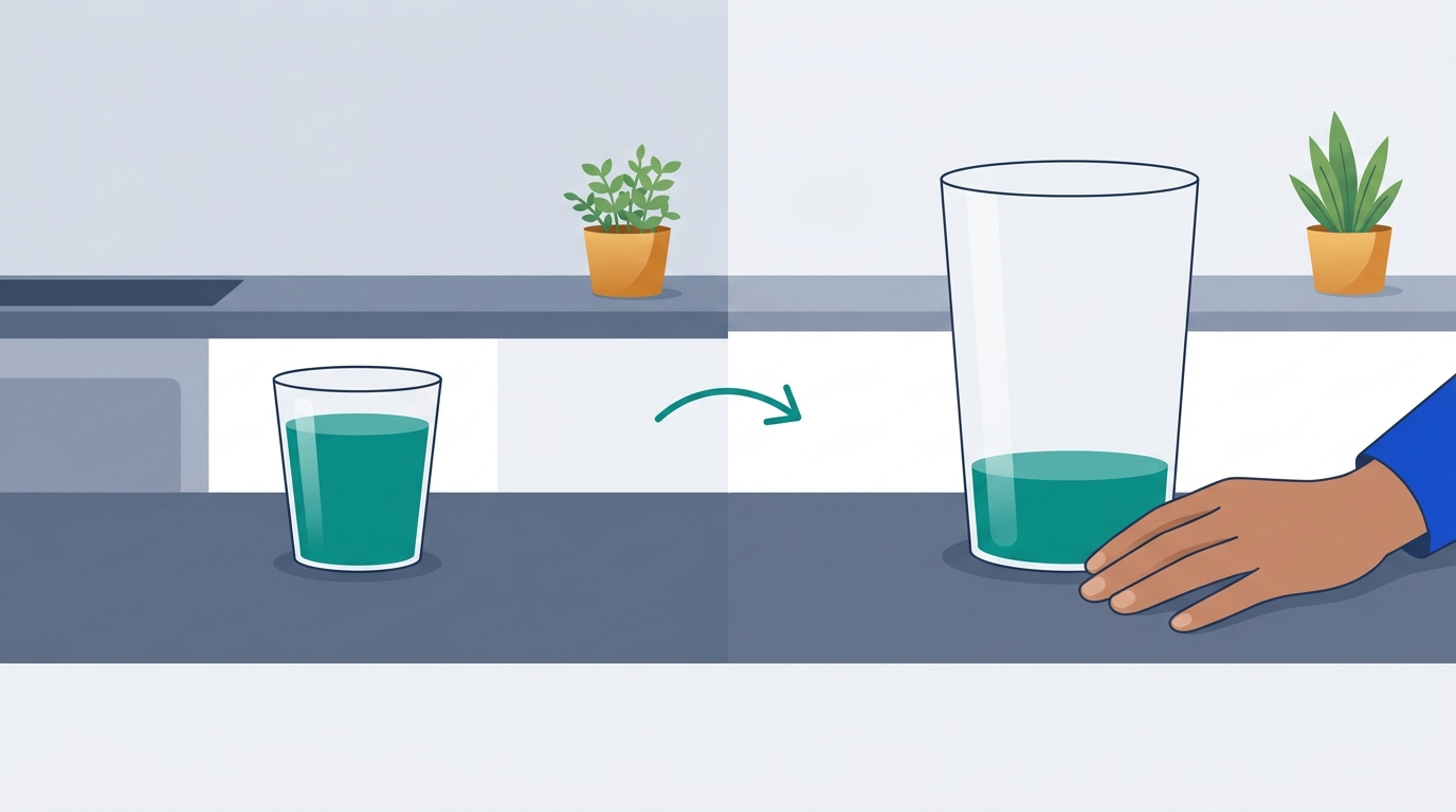 The same amount of water shown twice: nearly filling a small glass, and sitting low in a much larger glass.