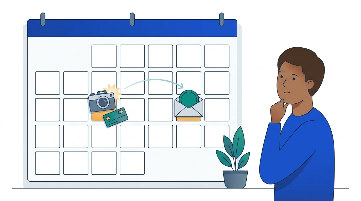 A wall calendar with one day marked by a camera taking a snapshot and a later day marked by an envelope holding a payment.