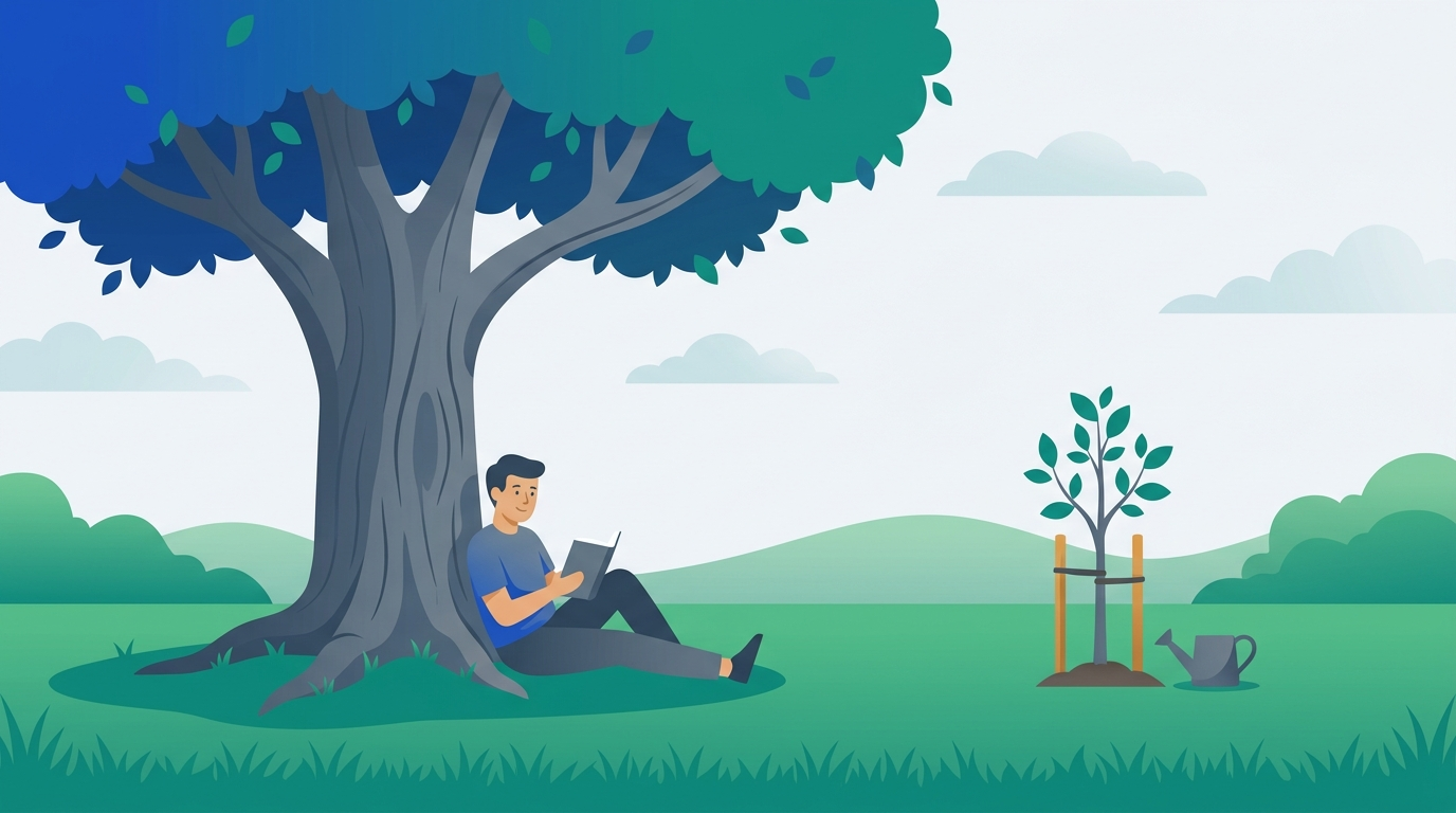 A tall old tree with wide roots beside a young sapling, with a person resting in the shade of the old tree