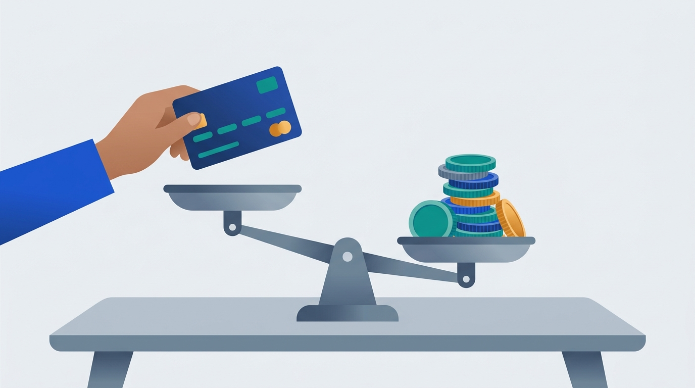 A balance scale with a stack of bills on one pan and two credit cards on the other, tipping as a hand lifts a third card away.