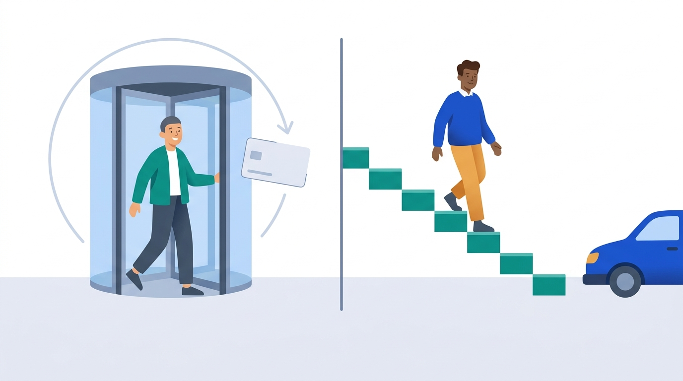 A person walking through a revolving door on one side, and a person walking down an even staircase toward a parked car on the other
