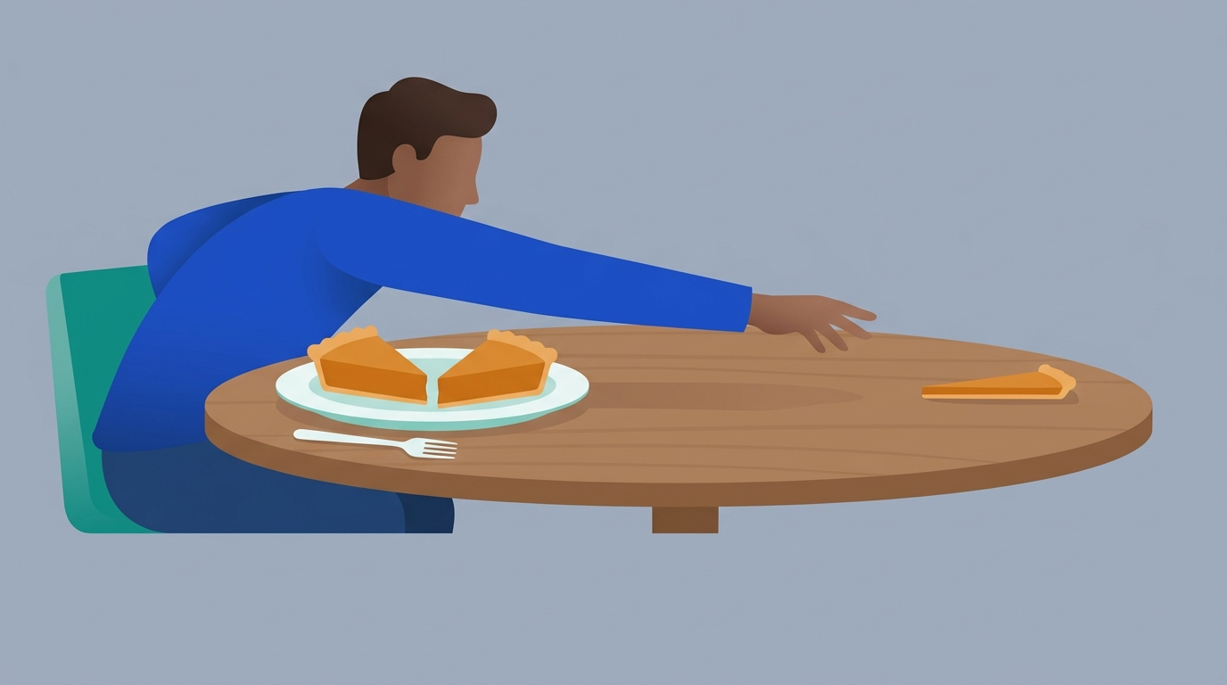 A person leaning far across a table to reach a tiny sliver of pie while two large slices sit untouched on the plate in front of them