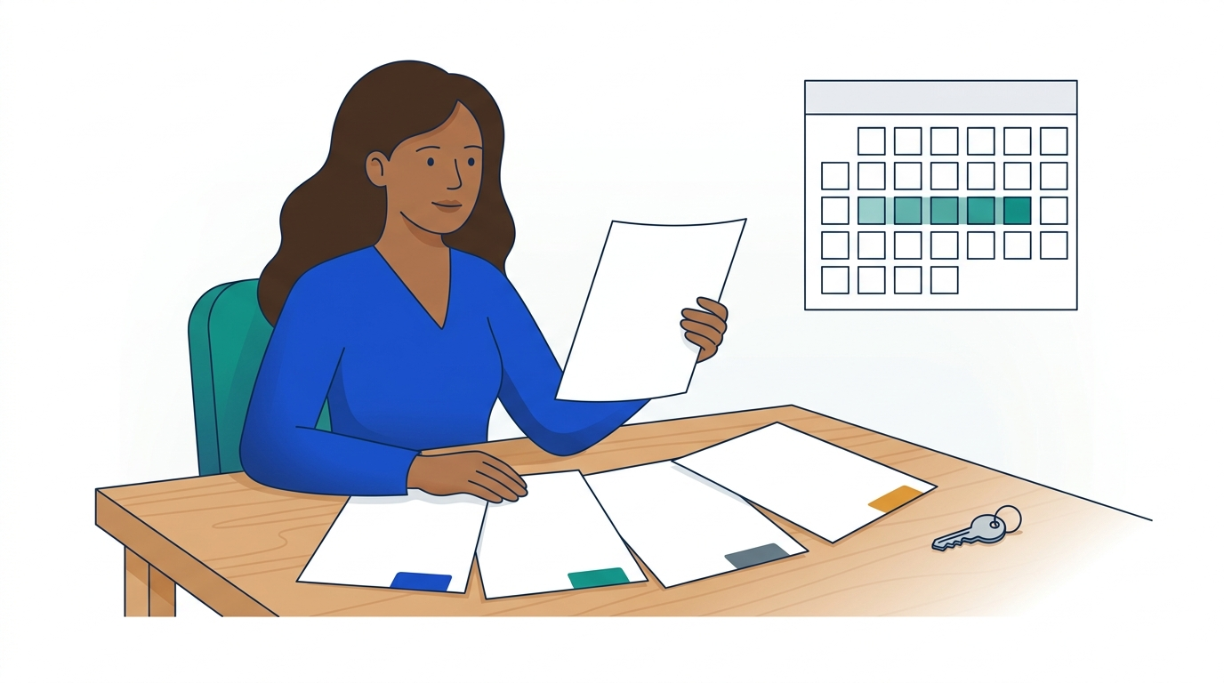 A woman compares several loan offer sheets at a table while a calendar behind her shows a short run of days shaded teal.