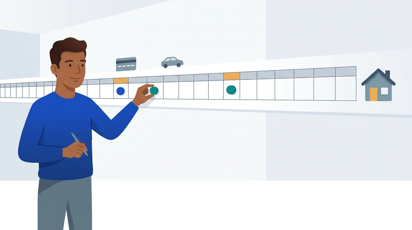 A man places a few markers on a long wall calendar that ends at a small house, planning his applications around the biggest goal.