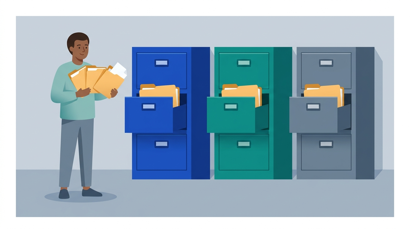 Three separate filing cabinets side by side, each with its own open drawer and folder, and one person standing in front holding three folders