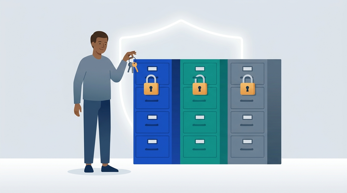 Three filing cabinets standing in a row, each with a sturdy padlock on its top drawer, and a person calmly holding a ring of three keys
