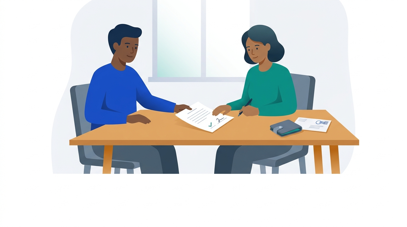 Two people at a table with a signed agreement between them while a wallet sits closed to one side