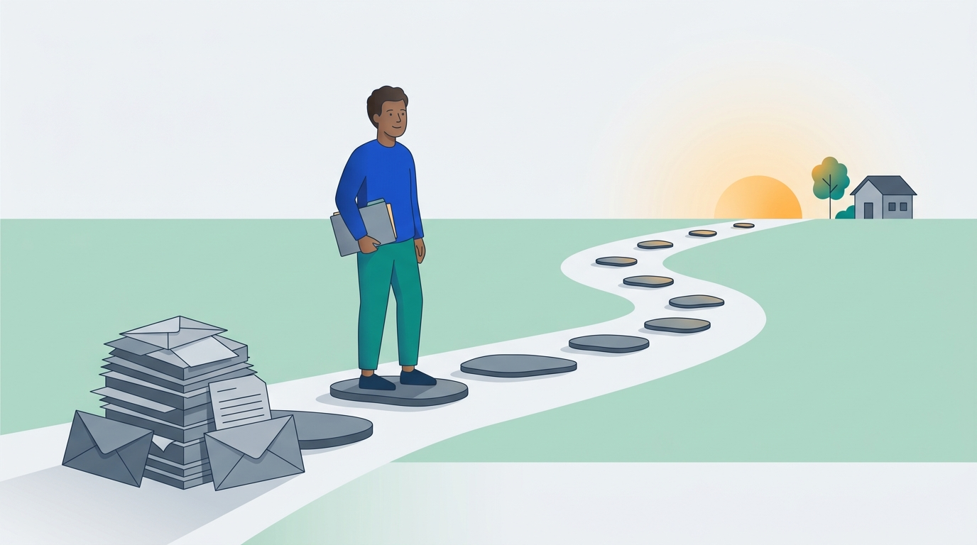 A person walks a path of stepping stones away from a pile of unopened mail toward a bright horizon