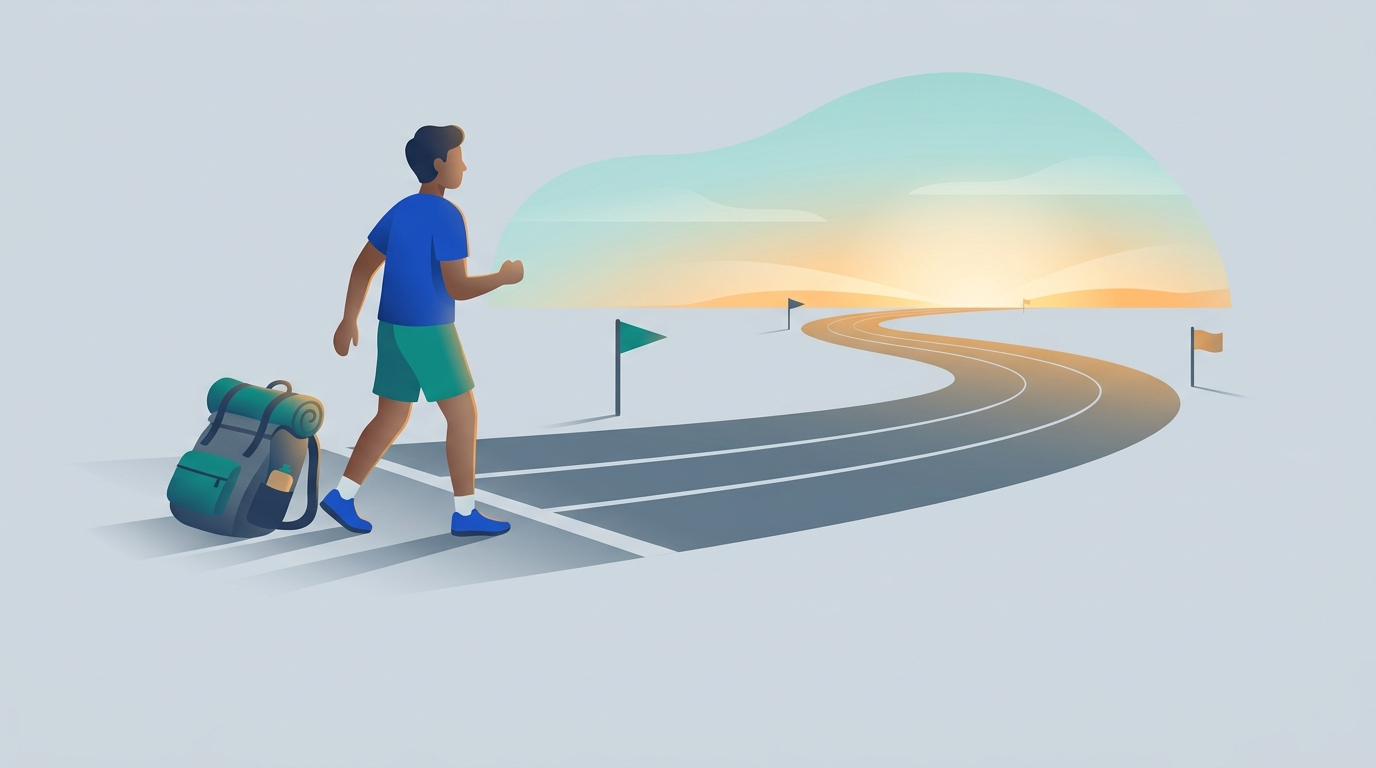 A runner at a starting line at sunrise sets down a heavy backpack and looks ahead along the track