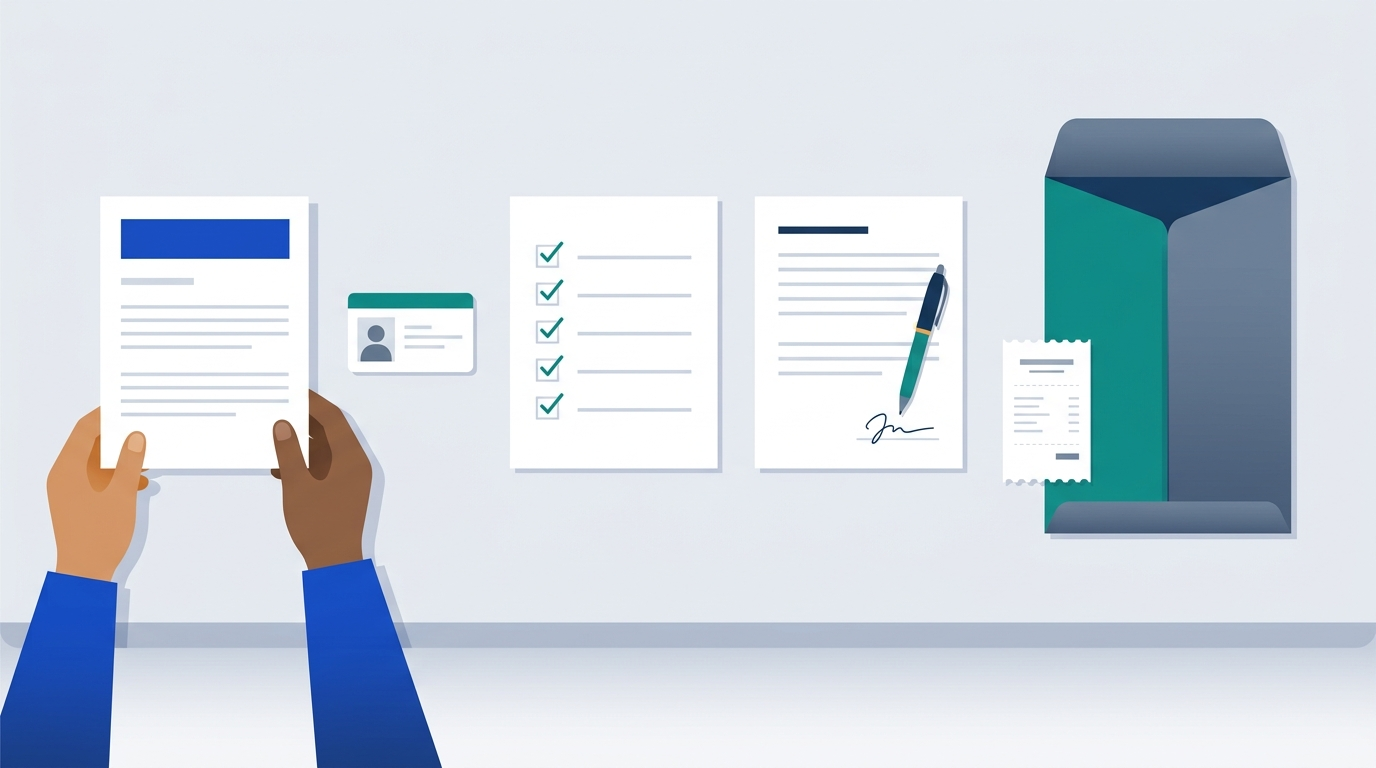 An open envelope on a desk with four items laid out beside it: a report, an ID card, a checklist, and a signed page