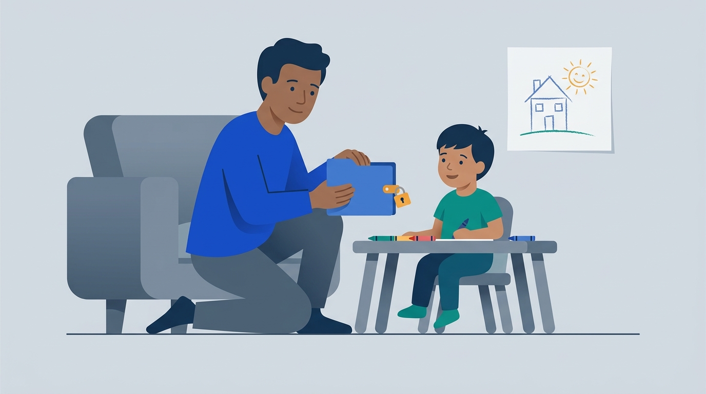 A parent kneels beside a young child and closes a small folder with a padlock clasp