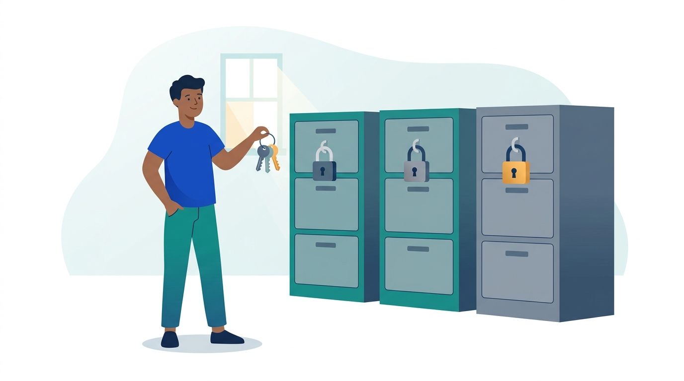 Three locked filing cabinets in a row and a person holding a ring with three keys