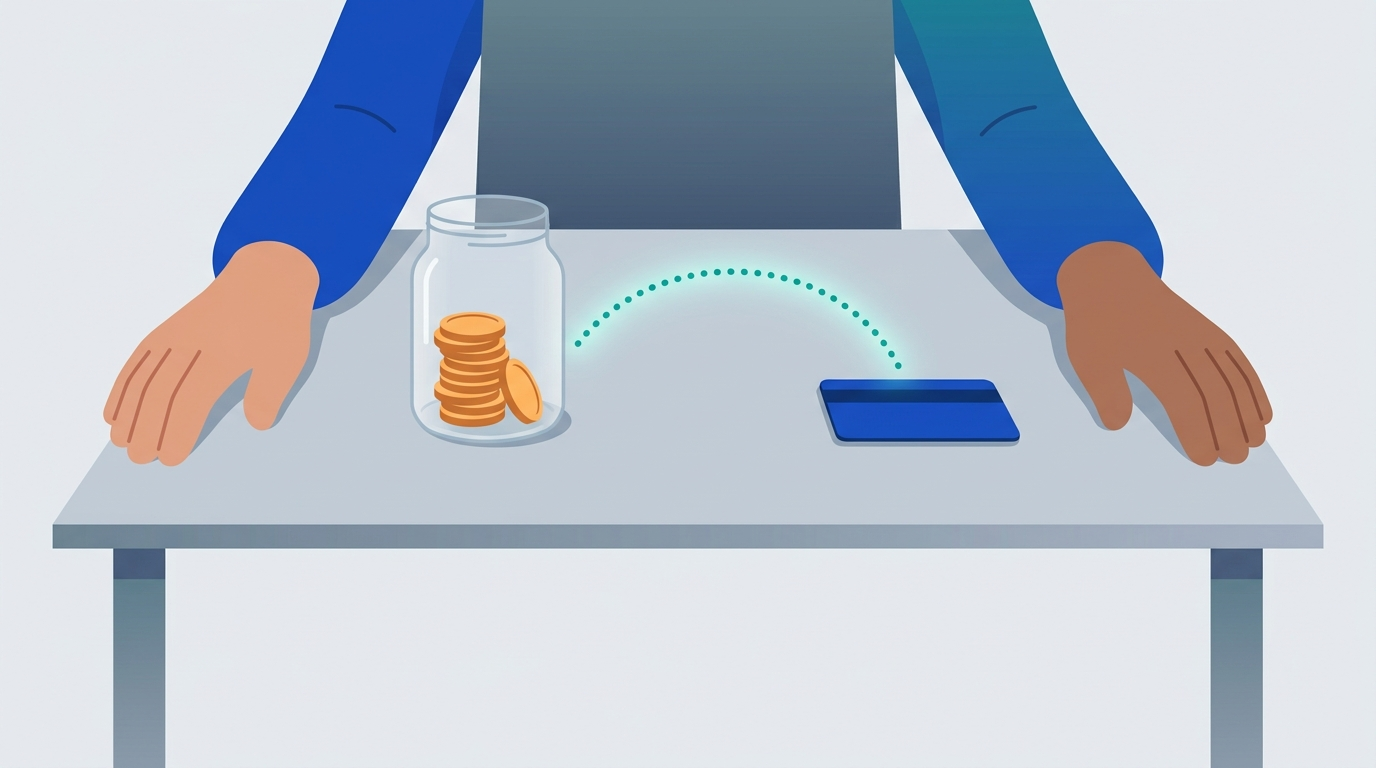 A person placing coins into a small clear lockbox while a plain credit card rests on the counter in front of it