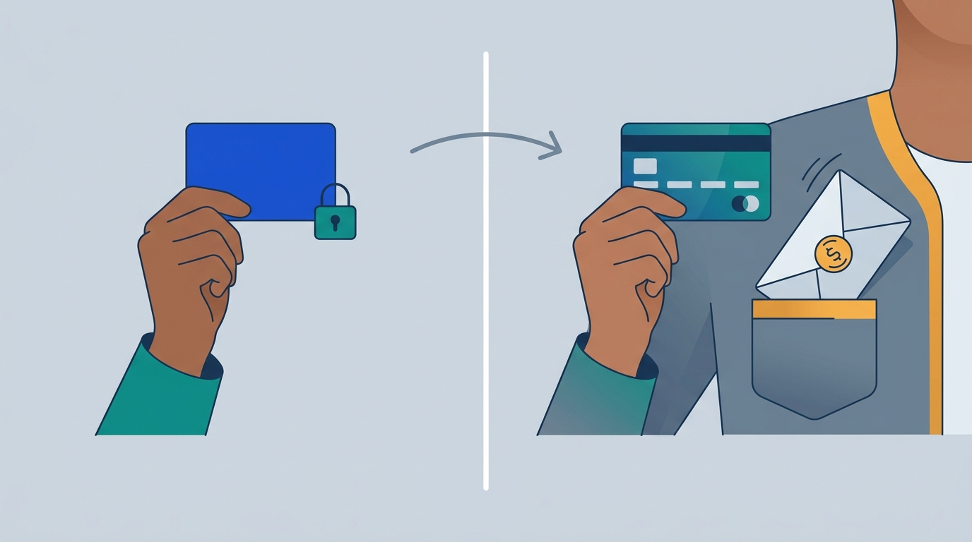 A smiling person at a counter receiving back a small jar of coins and a fresh card from a bank clerk
