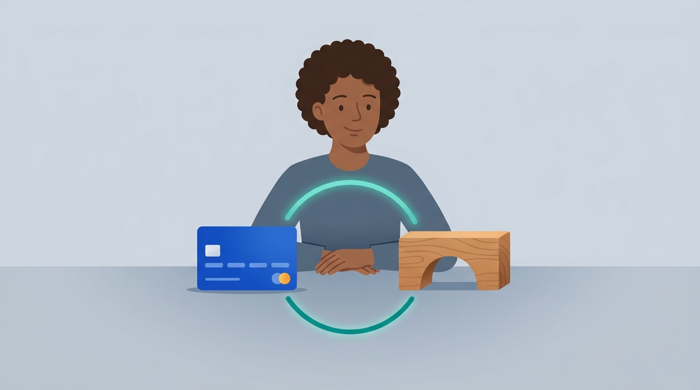 A plain credit card and a small locked savings box side by side on a table, with two puzzle pieces fitting together beneath them