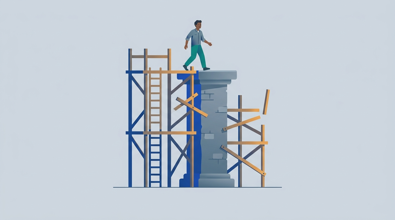 A small building under construction with teal scaffolding alongside it, its own blue walls rising higher than the scaffold