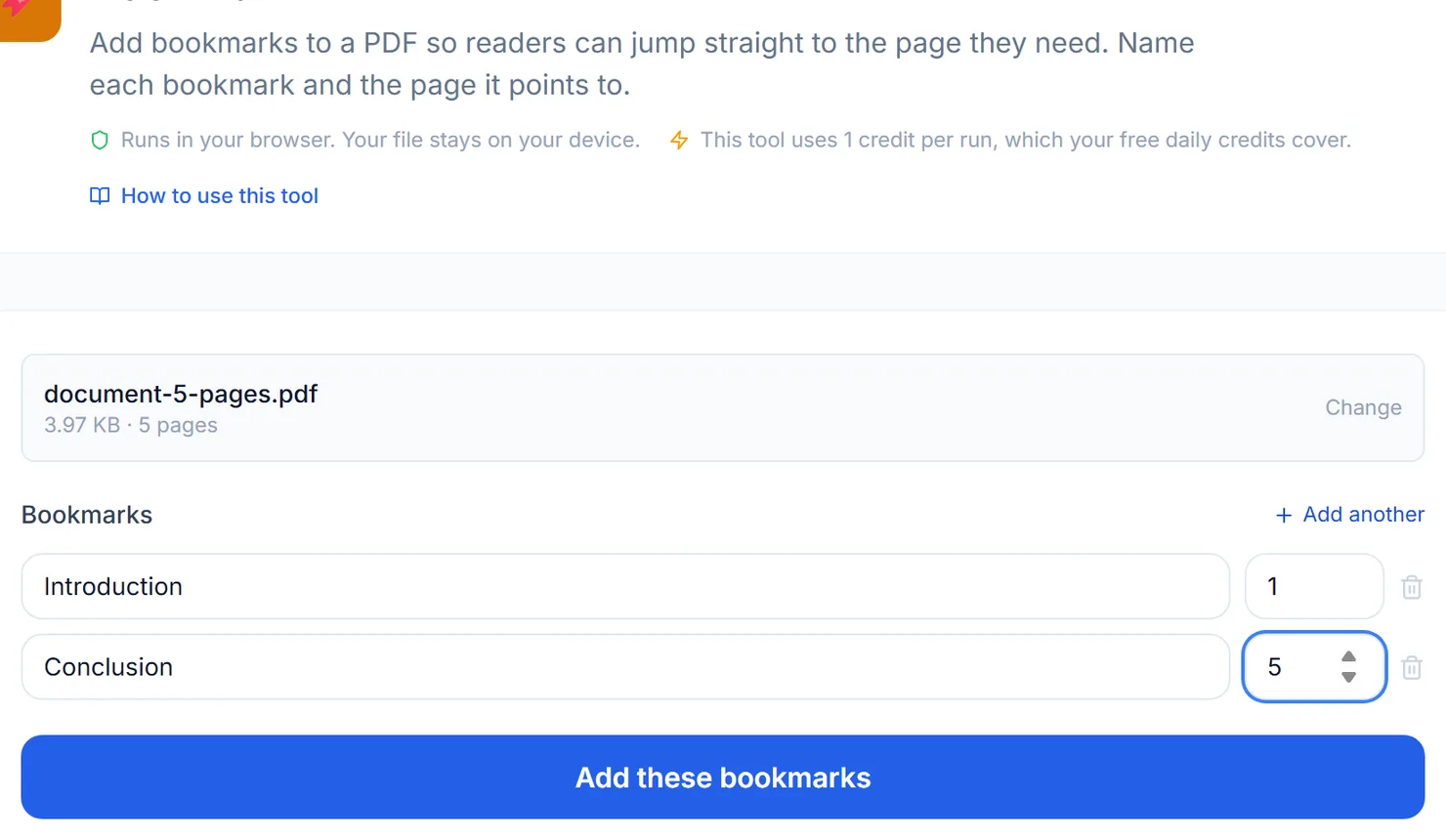 Two bookmarks, each pointing at a page in the document.