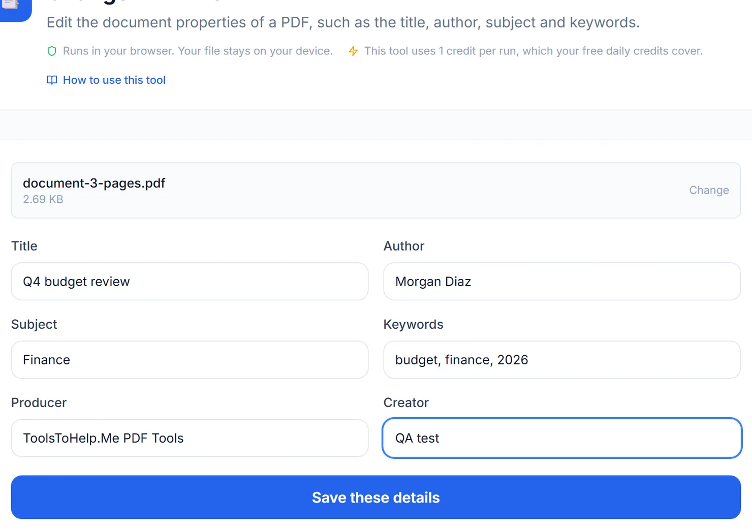 New details typed into every field.