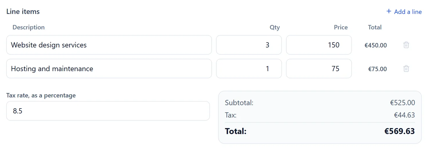 Two line items, a tax rate and the running total.