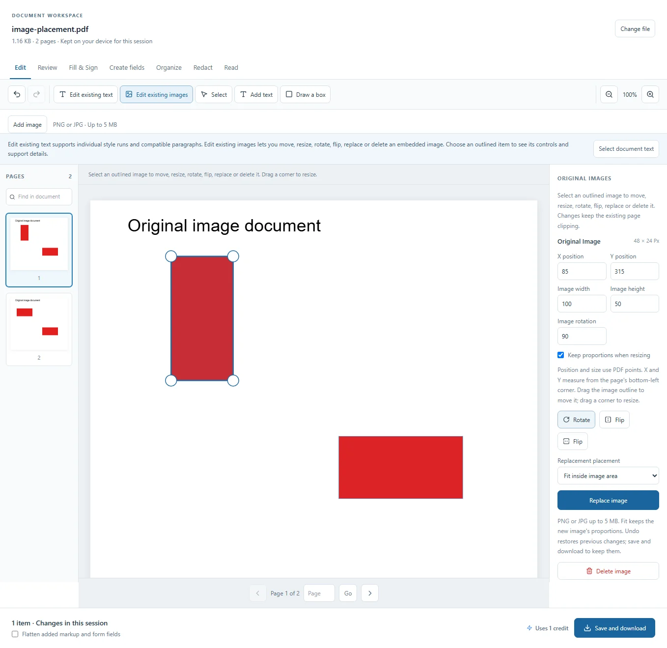 Select an embedded image to move, resize, rotate, flip, replace or delete that occurrence. Properties shows its size and placement.