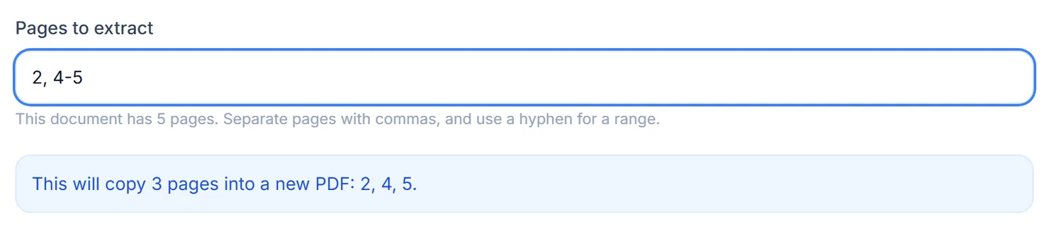 The preview lists the exact pages that will be copied, always in document order.
