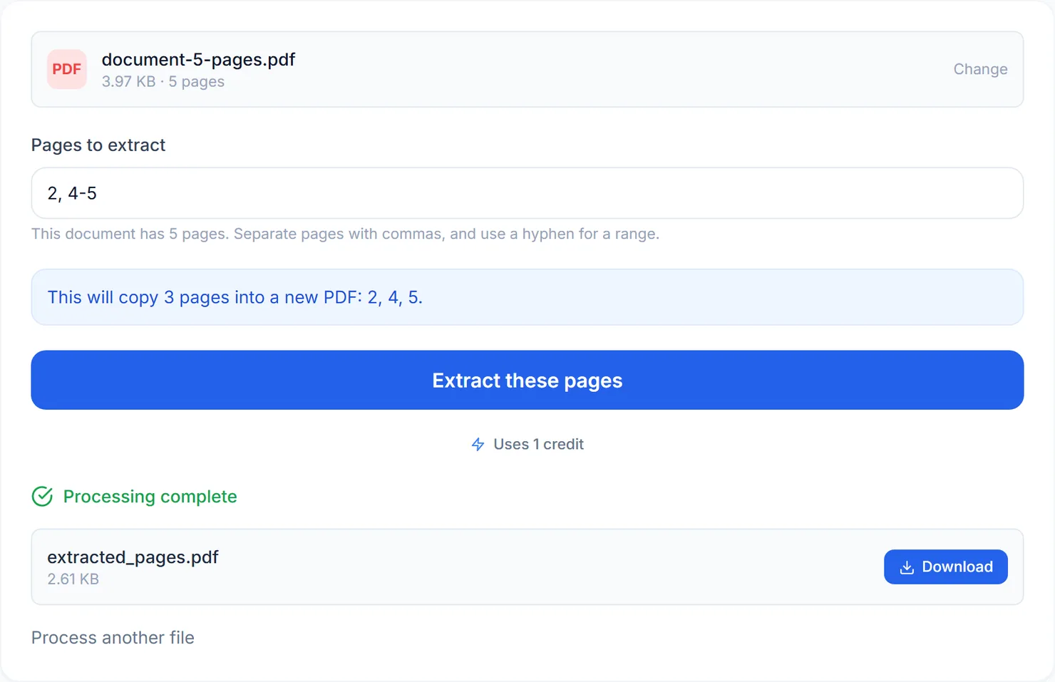 The new file, with only the pages you named, is ready to download.