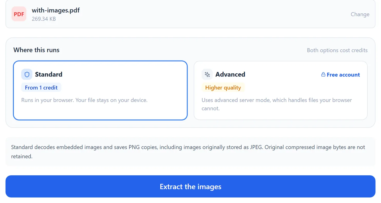 A PDF added, with the Standard or Advanced choice below it.
