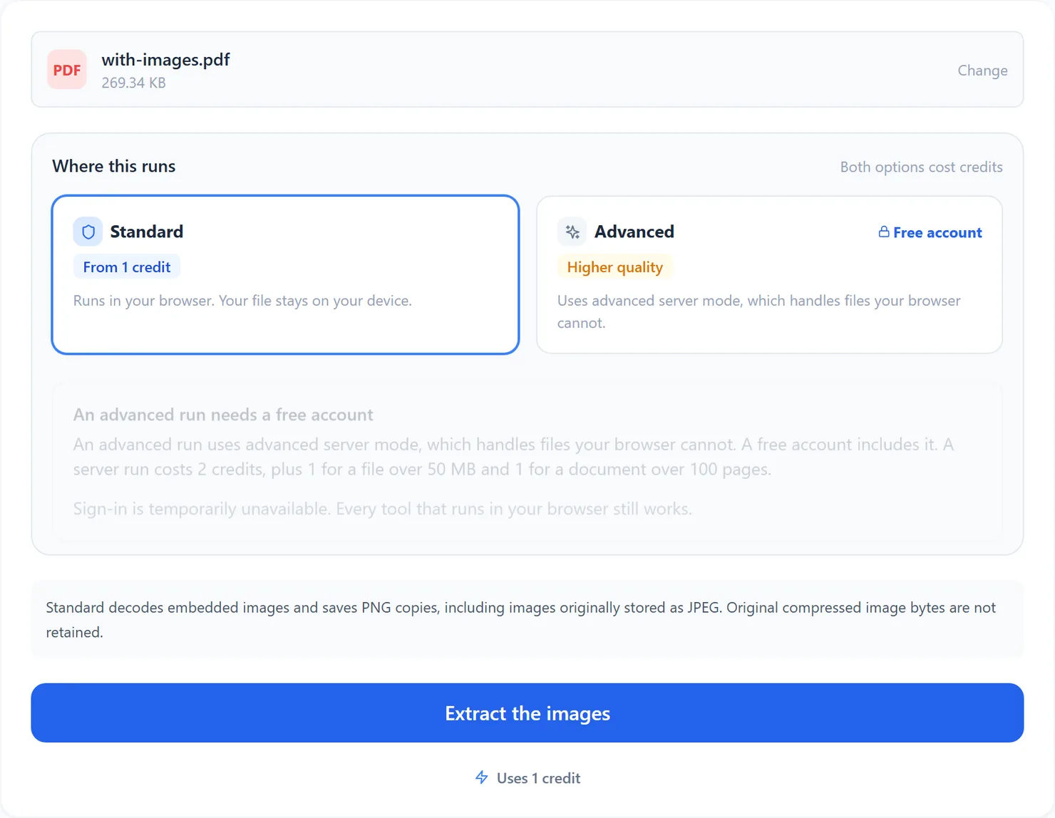 Picking Advanced while signed out explains what it needs, instead of quietly switching modes.