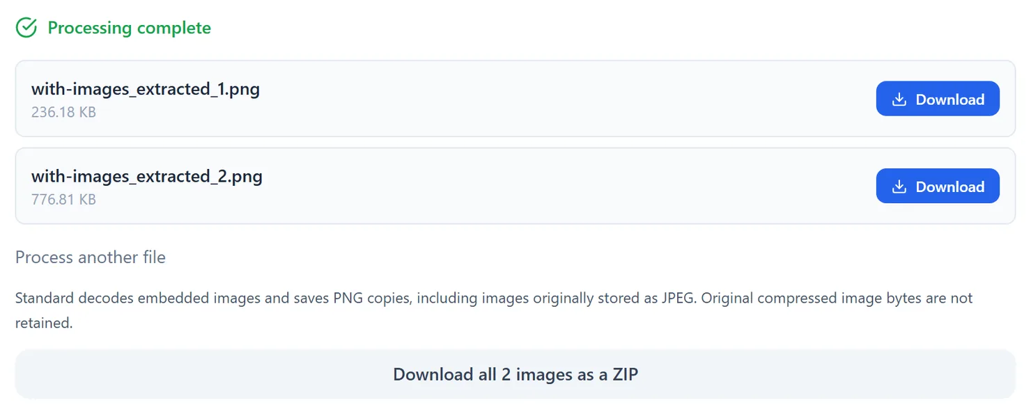 The extracted images are ready to download, one at a time or as a ZIP.