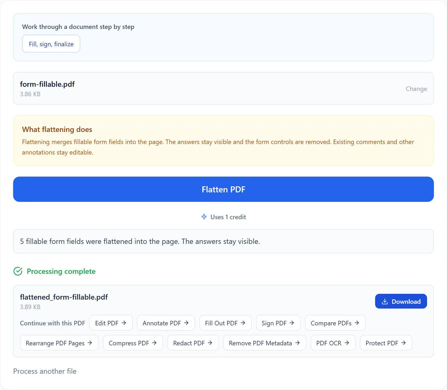 Select Download once the form is flattened.