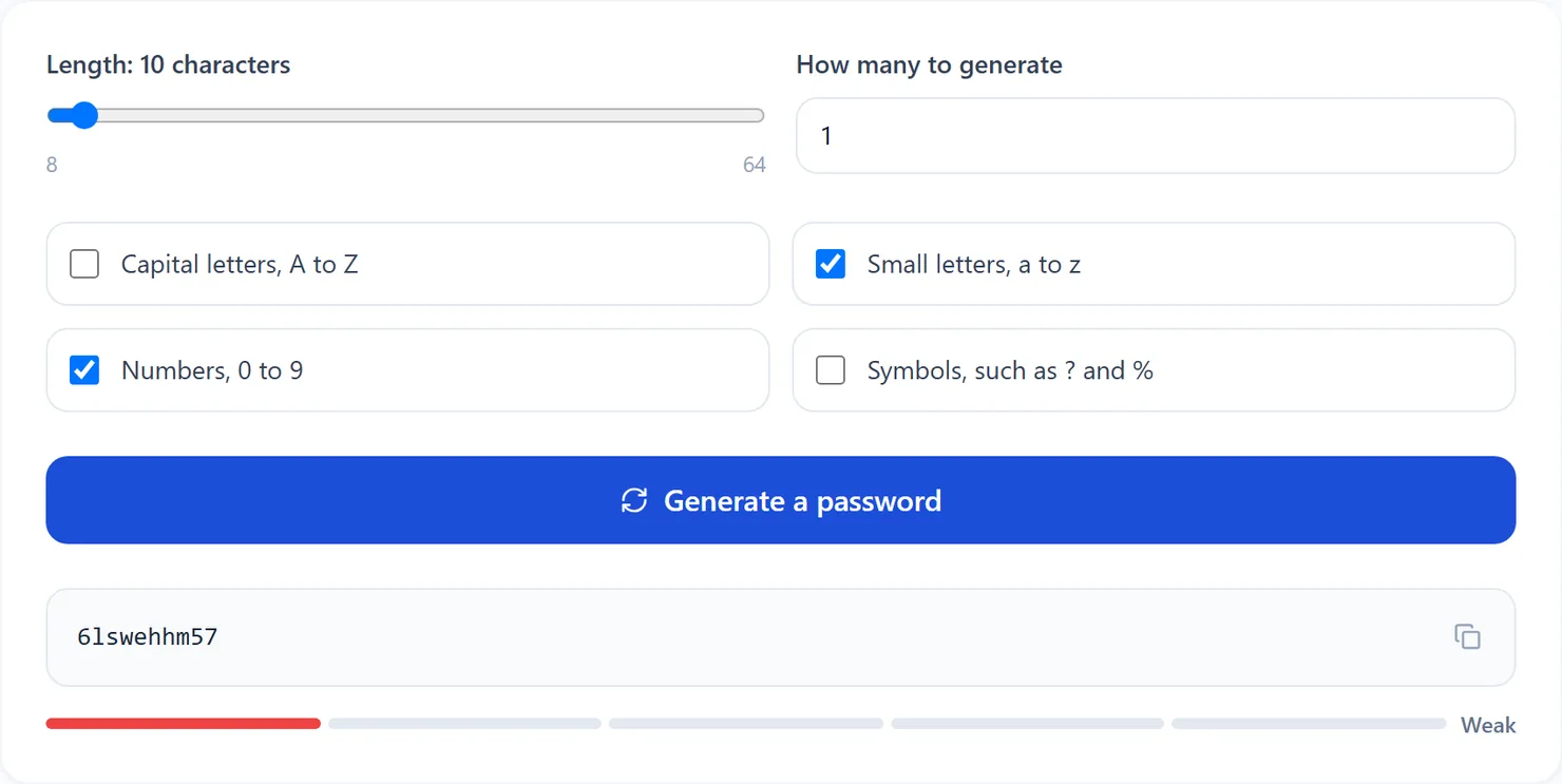 A 10-character password using only lowercase letters and numbers.