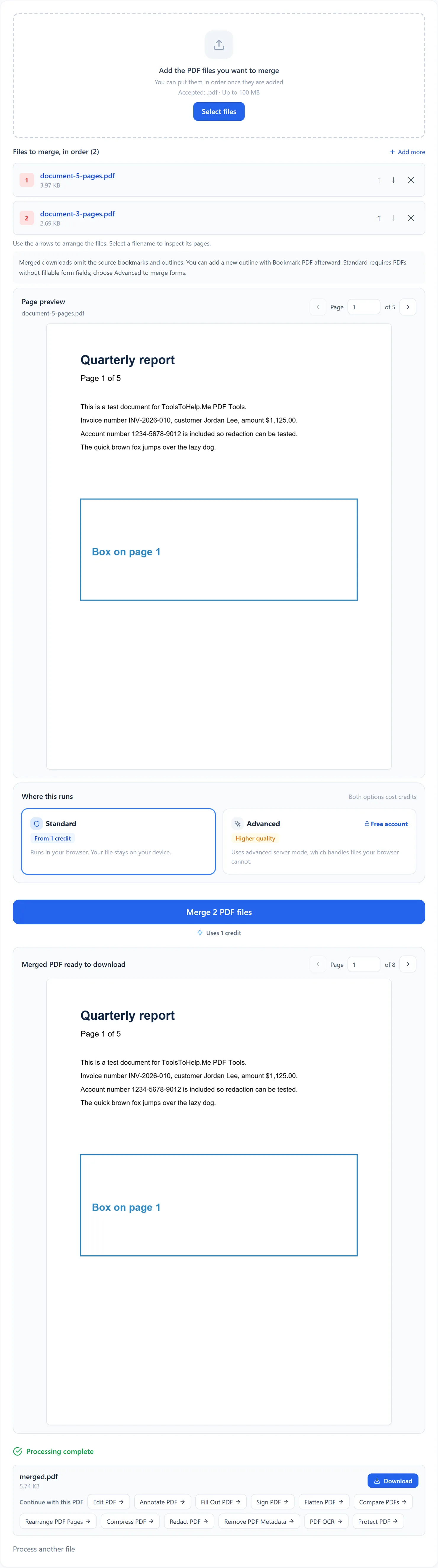 The merge is finished. Select Download to save merged.pdf.