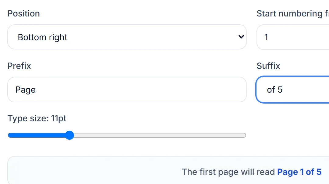Choose the position, a starting number, and an optional prefix and suffix. The preview shows how page 1 will read.