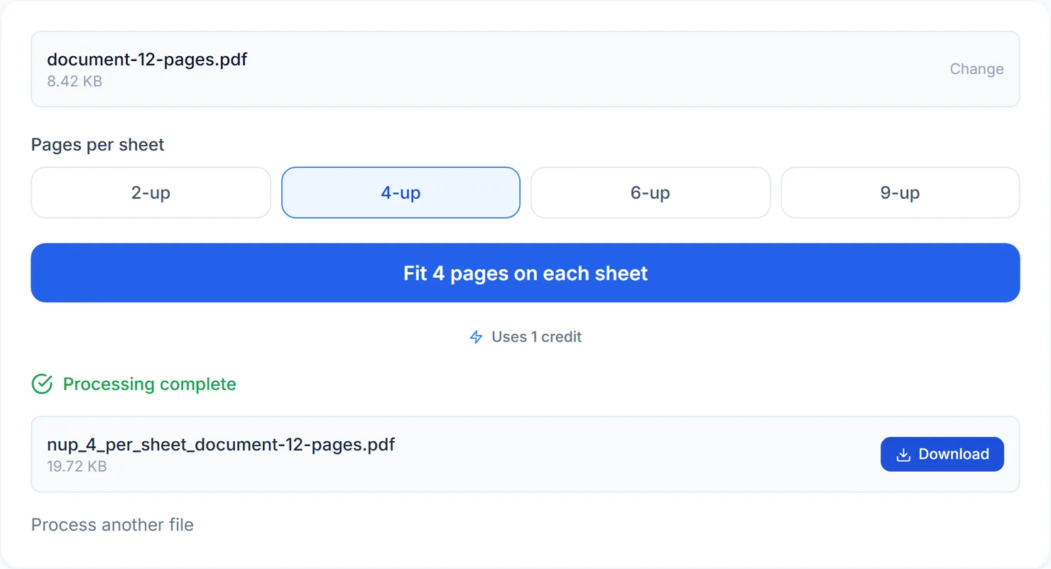 4-up combines the pages into fewer, printable sheets.