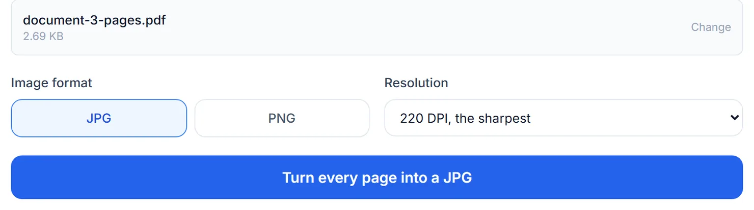 A PDF added, with the format and resolution choices below it.