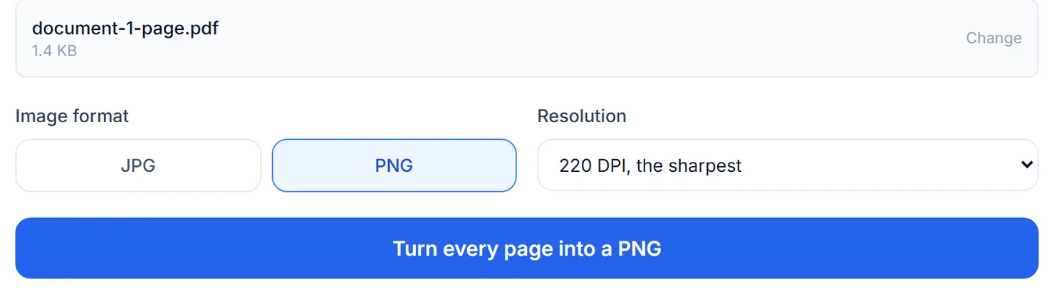 A PDF added. PNG is preselected, with a resolution choice next to it.