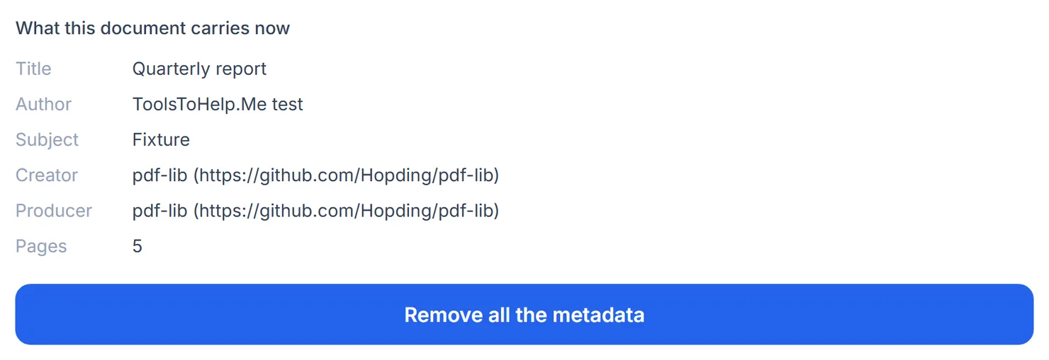 The tool shows the metadata already on the file before you remove it.